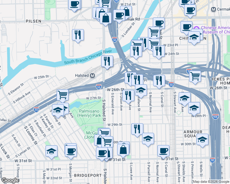 map of restaurants, bars, coffee shops, grocery stores, and more near 744 West 26th Street in Chicago