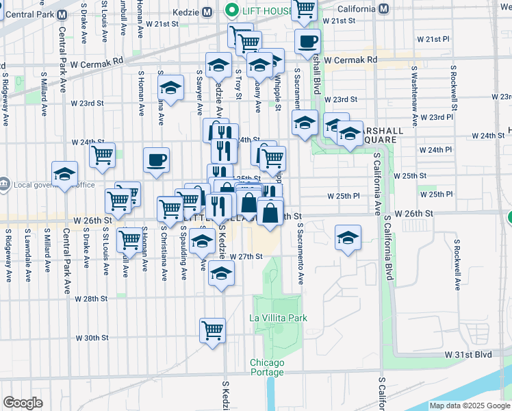 map of restaurants, bars, coffee shops, grocery stores, and more near 2529 South Troy Street in Chicago