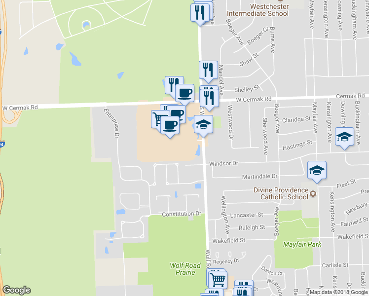 map of restaurants, bars, coffee shops, grocery stores, and more near 4 Westbrook Corporate Center in Westchester