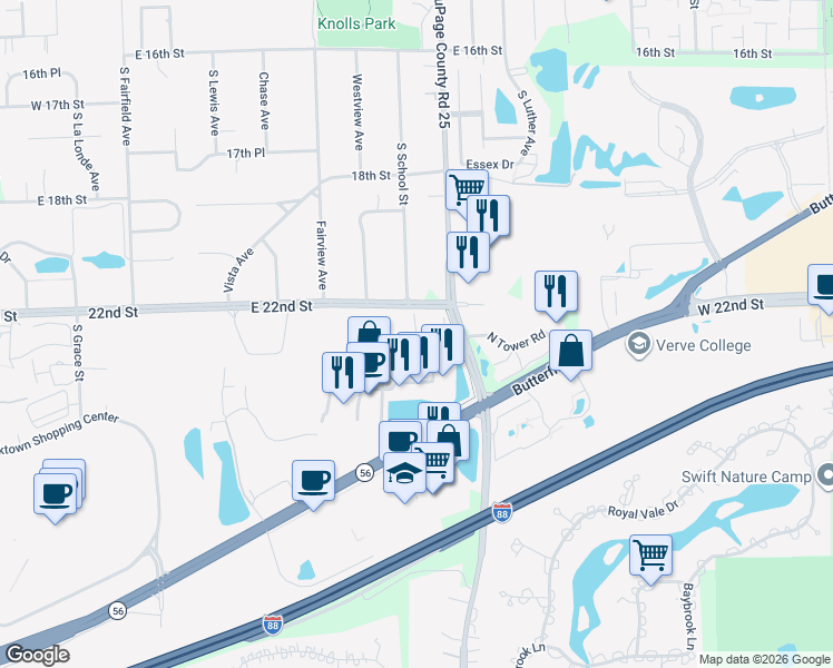 map of restaurants, bars, coffee shops, grocery stores, and more near 2210 Fountain Square Drive in Lombard