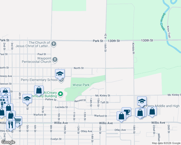 map of restaurants, bars, coffee shops, grocery stores, and more near 2203 North Street in Perry