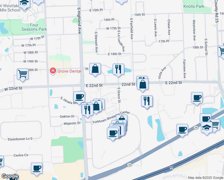 map of restaurants, bars, coffee shops, grocery stores, and more near 305 East 22nd Street in Lombard