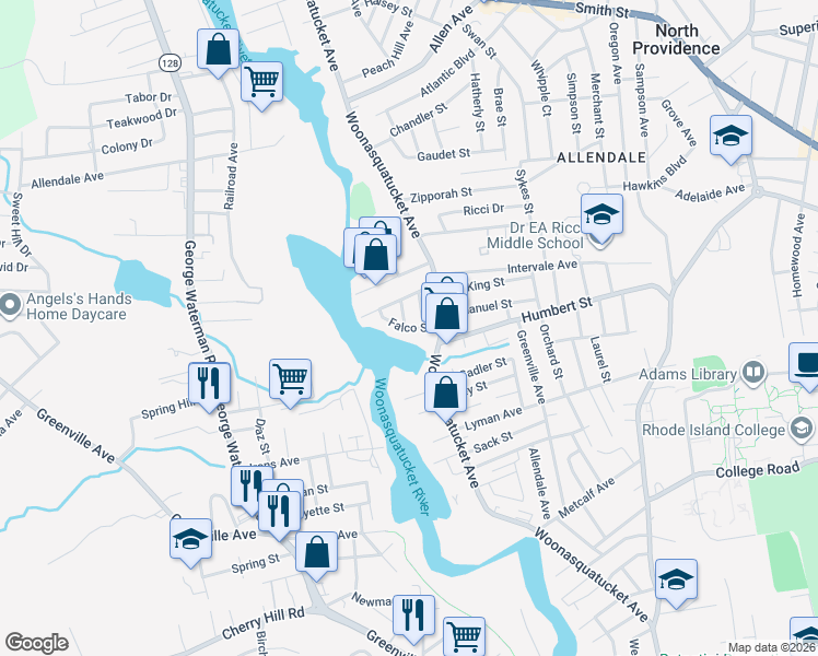 map of restaurants, bars, coffee shops, grocery stores, and more near 5 Falco Street in North Providence