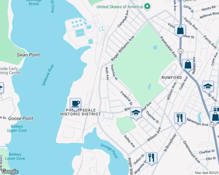 map of restaurants, bars, coffee shops, grocery stores, and more near 71 Ruth Avenue in East Providence