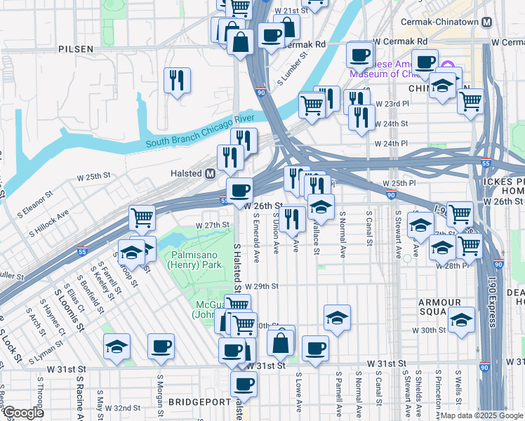 map of restaurants, bars, coffee shops, grocery stores, and more near 737 West 26th Street in Chicago