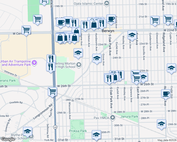 map of restaurants, bars, coffee shops, grocery stores, and more near 2439 Clinton Avenue in Berwyn