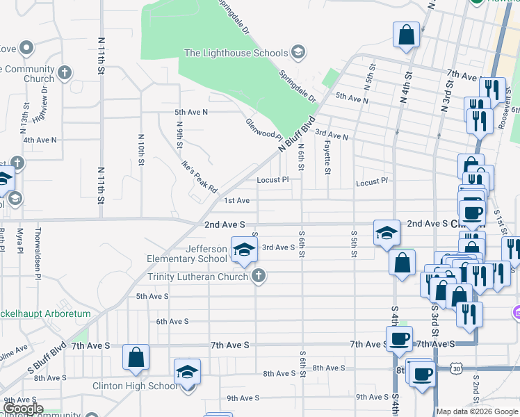 map of restaurants, bars, coffee shops, grocery stores, and more near 107 South 7th Street in Clinton