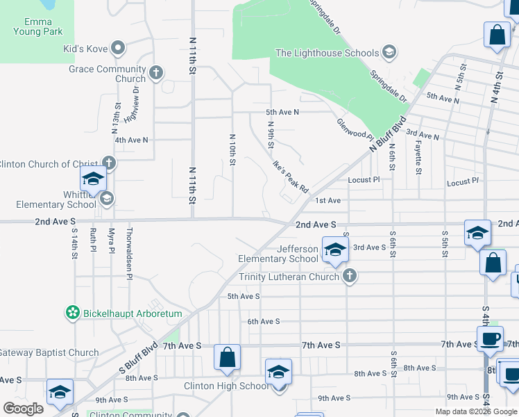 map of restaurants, bars, coffee shops, grocery stores, and more near 910 2nd Avenue South in Clinton