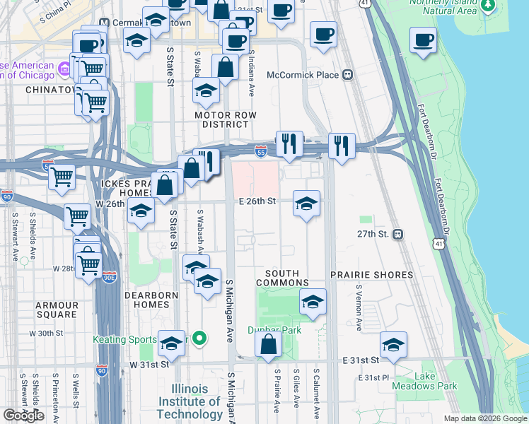 map of restaurants, bars, coffee shops, grocery stores, and more near 2601 South Prairie Avenue in Chicago