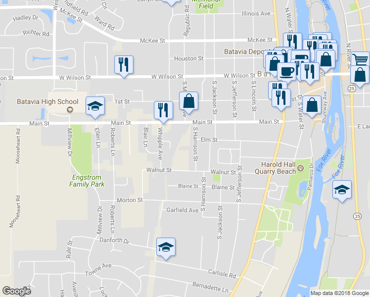 map of restaurants, bars, coffee shops, grocery stores, and more near 323 South Harrison Street in Batavia