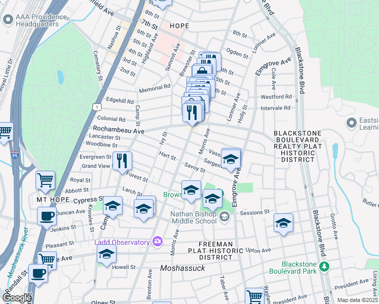 map of restaurants, bars, coffee shops, grocery stores, and more near 684 Hope Street in Providence