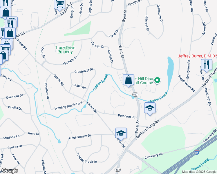 map of restaurants, bars, coffee shops, grocery stores, and more near 65 Valley View Lane in Vernon