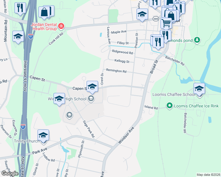 map of restaurants, bars, coffee shops, grocery stores, and more near 102 Capen Street in Windsor