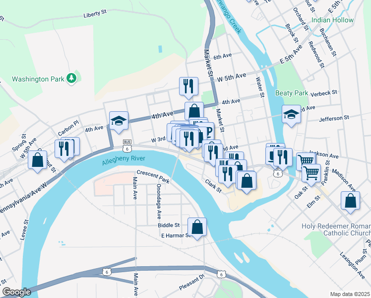 map of restaurants, bars, coffee shops, grocery stores, and more near in Warren