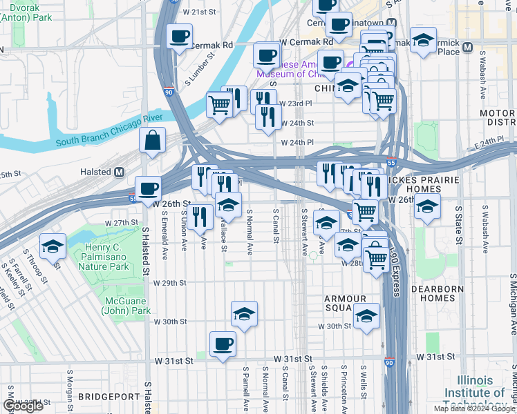 map of restaurants, bars, coffee shops, grocery stores, and more near 460 West 26th Street in Chicago