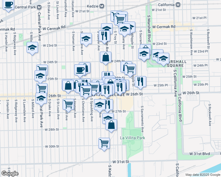 map of restaurants, bars, coffee shops, grocery stores, and more near 2519 South Kedzie Avenue in Chicago