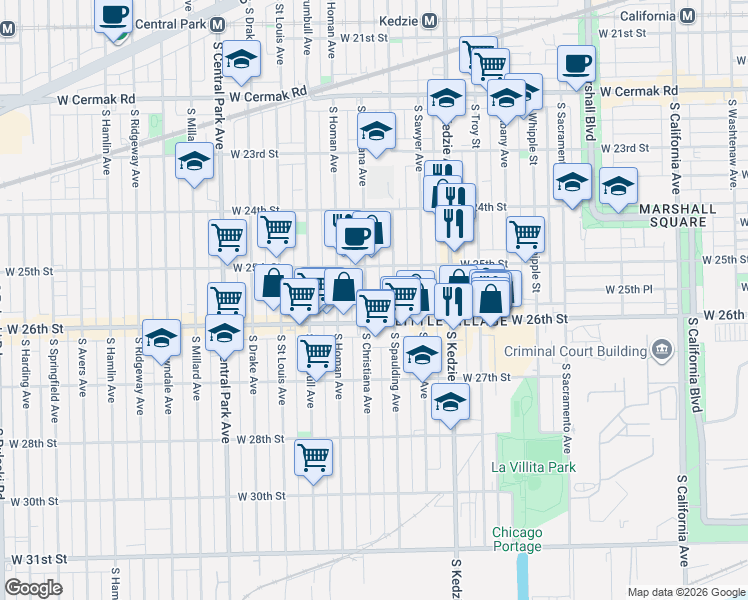 map of restaurants, bars, coffee shops, grocery stores, and more near 2524 South Spaulding Avenue in Chicago