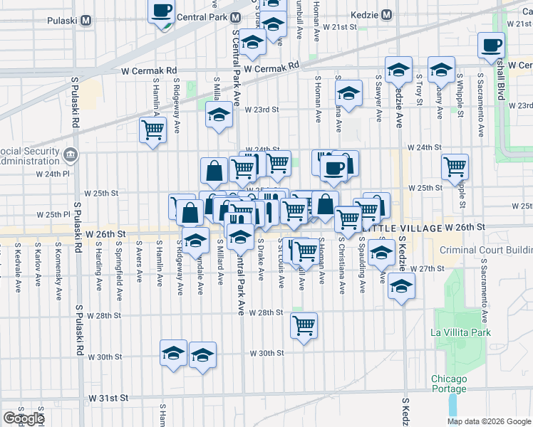 map of restaurants, bars, coffee shops, grocery stores, and more near 2522 South Saint Louis Avenue in Chicago