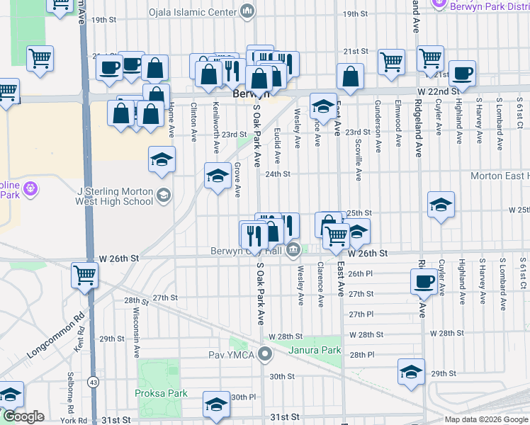 map of restaurants, bars, coffee shops, grocery stores, and more near 2442 South Oak Park Avenue in Berwyn