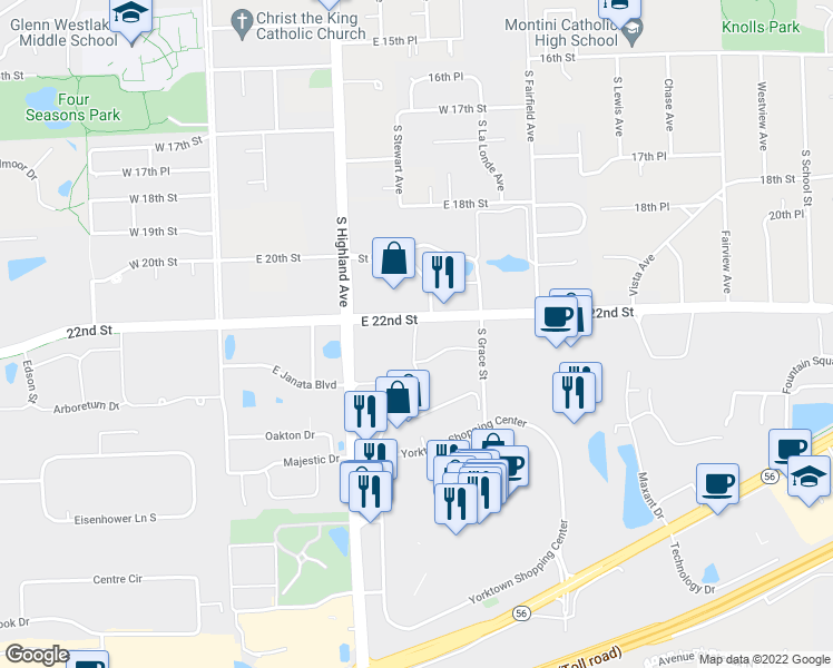 map of restaurants, bars, coffee shops, grocery stores, and more near in Lombard