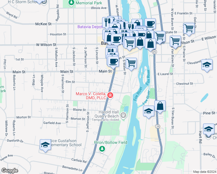 map of restaurants, bars, coffee shops, grocery stores, and more near 312 Elm Street in Batavia