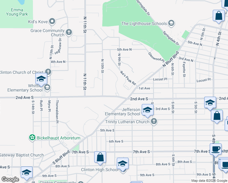 map of restaurants, bars, coffee shops, grocery stores, and more near 910 2nd Avenue South in Clinton