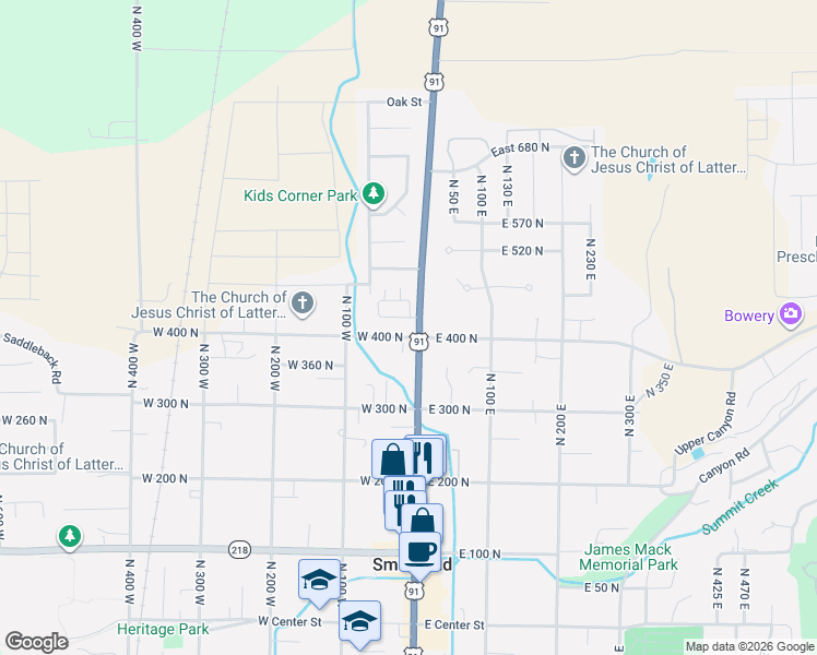 map of restaurants, bars, coffee shops, grocery stores, and more near 411 North Main Street in Smithfield