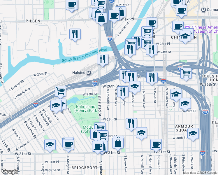 map of restaurants, bars, coffee shops, grocery stores, and more near 744 West 26th Street in Chicago