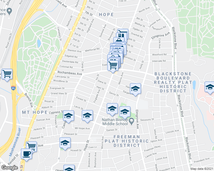 map of restaurants, bars, coffee shops, grocery stores, and more near 682 Hope Street in Providence