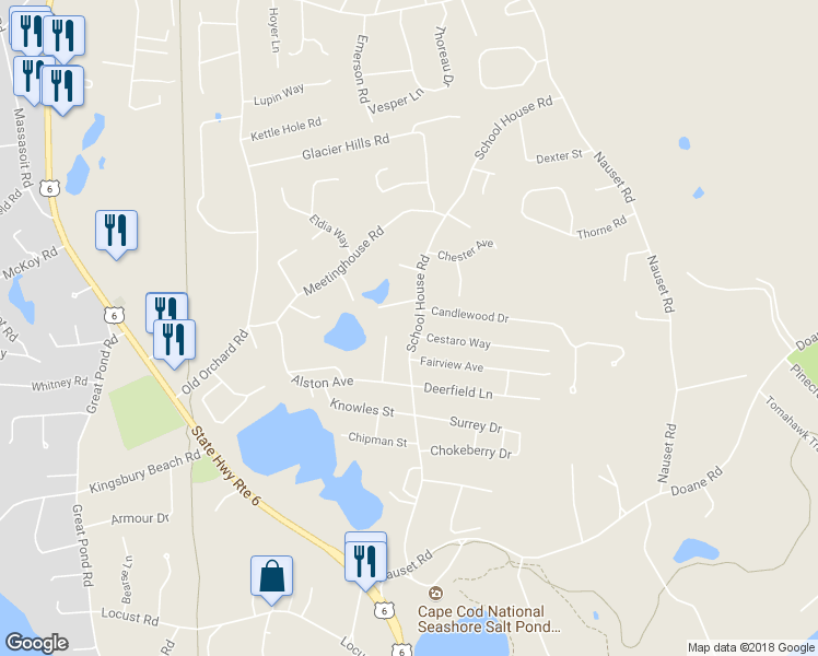 map of restaurants, bars, coffee shops, grocery stores, and more near 455 School House Road in Eastham