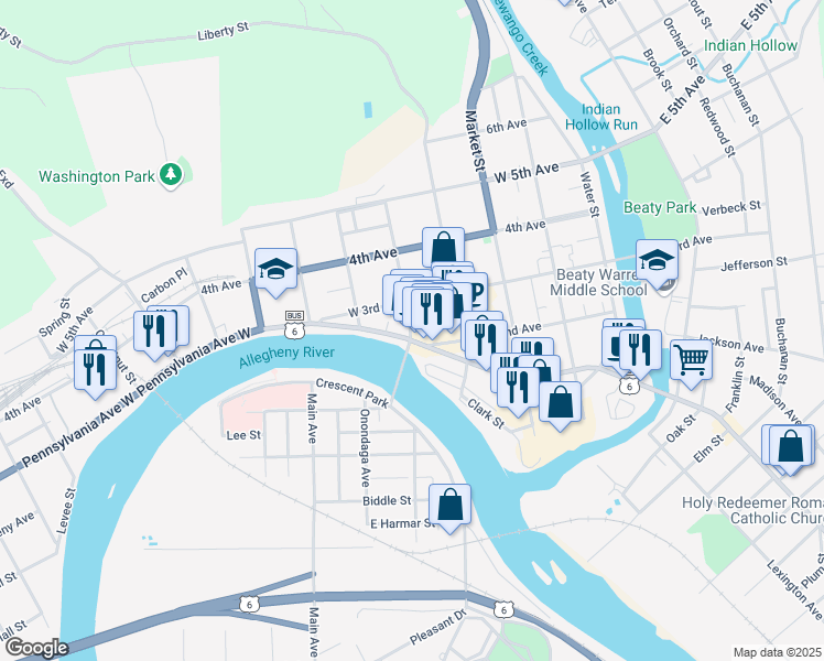 map of restaurants, bars, coffee shops, grocery stores, and more near in Warren