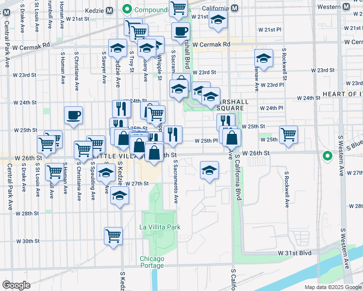 map of restaurants, bars, coffee shops, grocery stores, and more near 2935 West 25th Place in Chicago