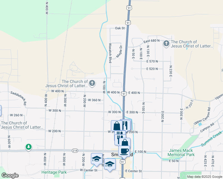 map of restaurants, bars, coffee shops, grocery stores, and more near 75 West 400 North in Smithfield