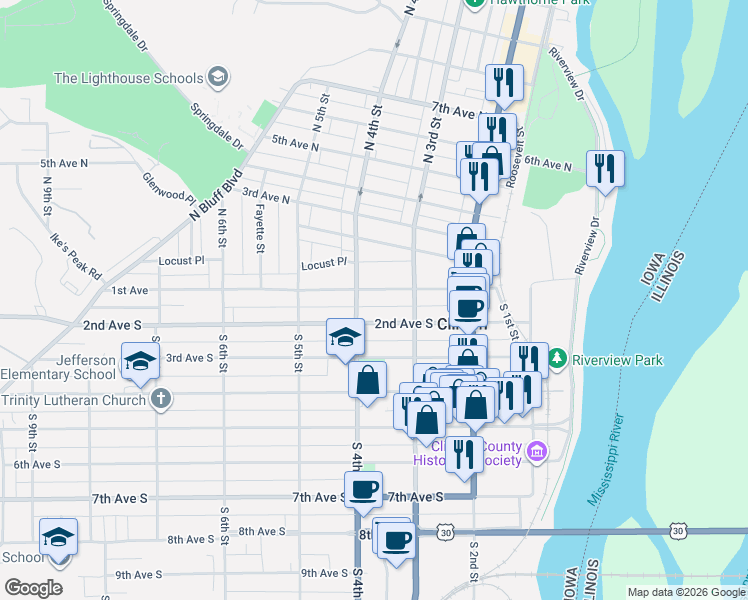 map of restaurants, bars, coffee shops, grocery stores, and more near 301-399 1st Ave in Clinton