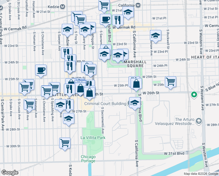 map of restaurants, bars, coffee shops, grocery stores, and more near 2935 West 25th Place in Chicago