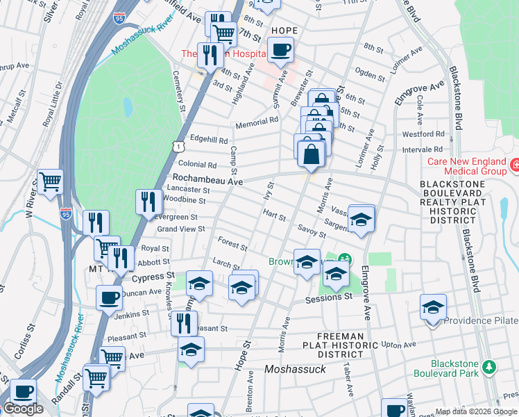 map of restaurants, bars, coffee shops, grocery stores, and more near 201 Ivy Street in Providence