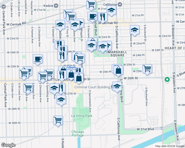 map of restaurants, bars, coffee shops, grocery stores, and more near 2935 West 25th Place in Chicago