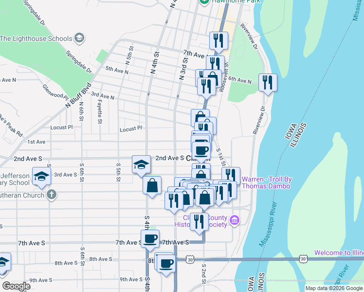 map of restaurants, bars, coffee shops, grocery stores, and more near 241 1st Avenue in Clinton