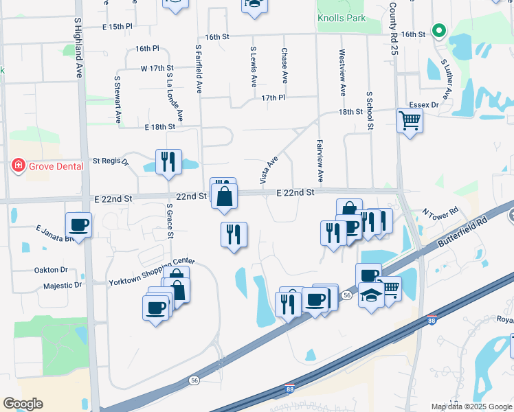 map of restaurants, bars, coffee shops, grocery stores, and more near 625643 East 22nd Street in Lombard
