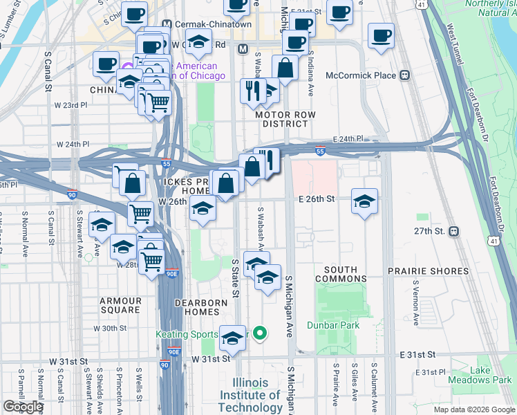 map of restaurants, bars, coffee shops, grocery stores, and more near 31 East 26th Street in Chicago