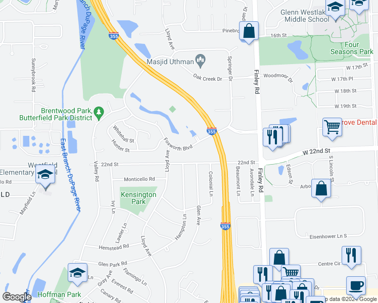 map of restaurants, bars, coffee shops, grocery stores, and more near 901 Foxworth Boulevard in Lombard