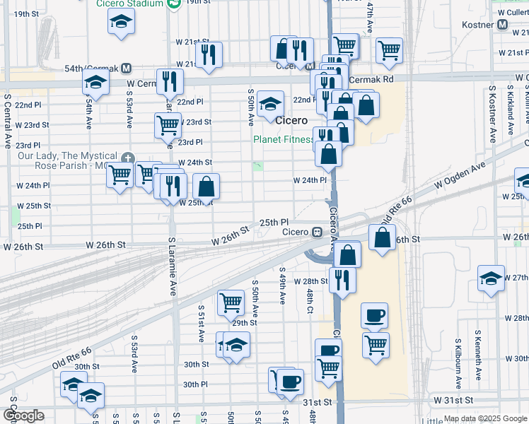 map of restaurants, bars, coffee shops, grocery stores, and more near 4925 West 25th Street in Cicero