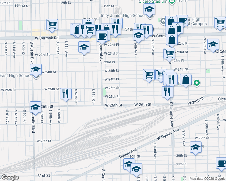 map of restaurants, bars, coffee shops, grocery stores, and more near 5510 West 25th Street in Cicero
