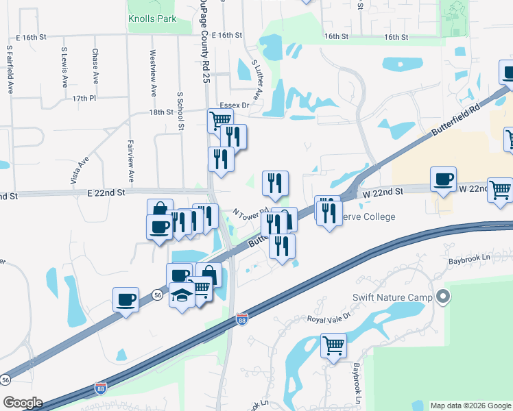 map of restaurants, bars, coffee shops, grocery stores, and more near 40 North Tower Road in Oak Brook