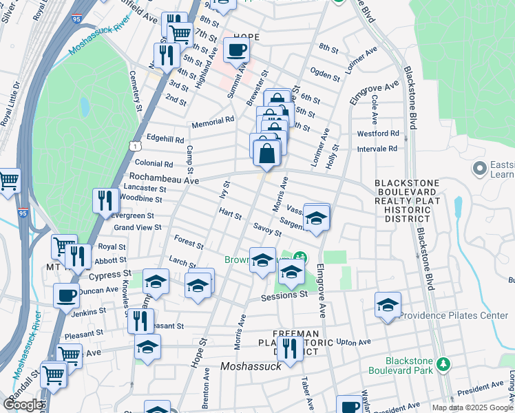 map of restaurants, bars, coffee shops, grocery stores, and more near 684 Hope Street in Providence