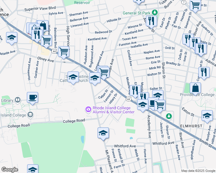 map of restaurants, bars, coffee shops, grocery stores, and more near 1190 Smith Street in Providence
