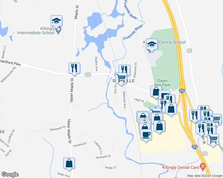 map of restaurants, bars, coffee shops, grocery stores, and more near 20 Otis Street in Killingly