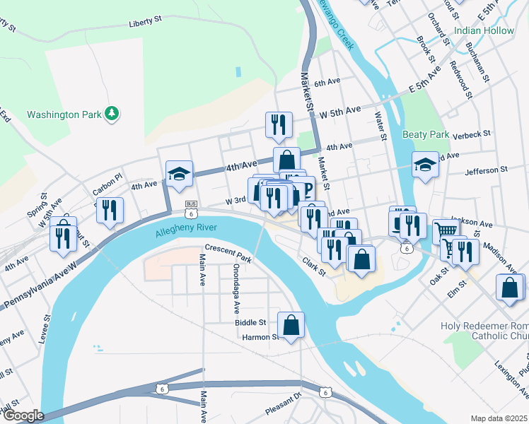 map of restaurants, bars, coffee shops, grocery stores, and more near in Warren