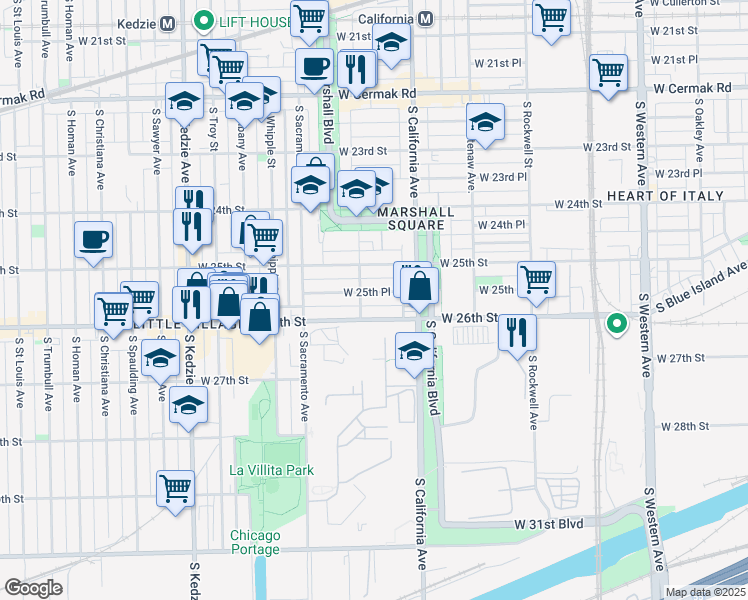 map of restaurants, bars, coffee shops, grocery stores, and more near 2857 West 25th Place in Chicago