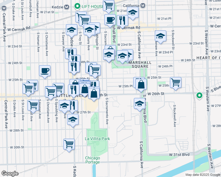 map of restaurants, bars, coffee shops, grocery stores, and more near 2935 West 25th Place in Chicago